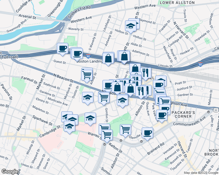 map of restaurants, bars, coffee shops, grocery stores, and more near 2 Sinclair Road in Boston