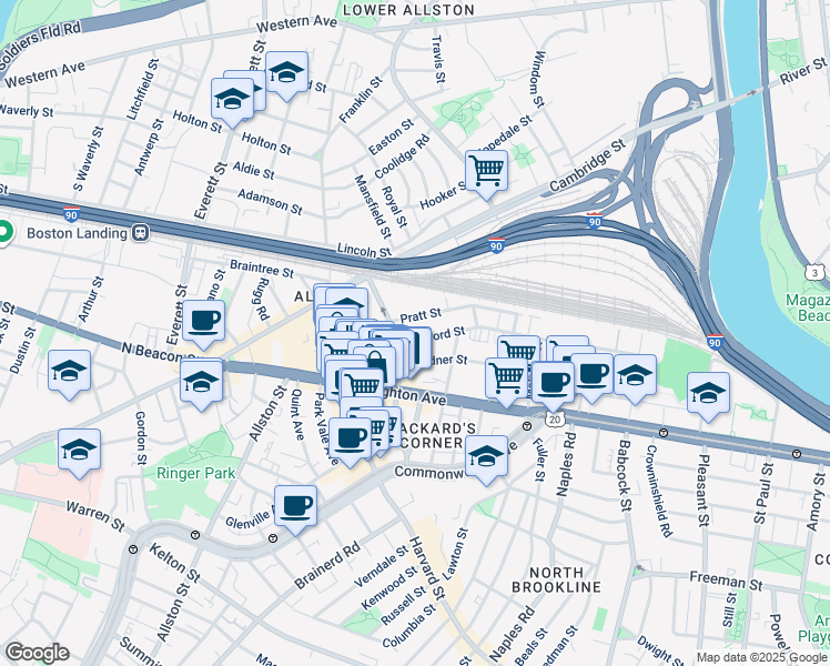 map of restaurants, bars, coffee shops, grocery stores, and more near 44 Linden Street in Boston