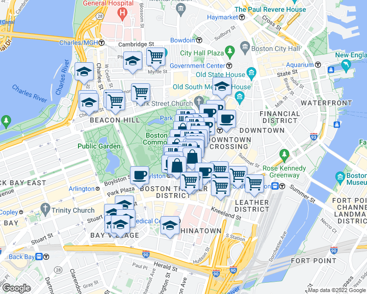 map of restaurants, bars, coffee shops, grocery stores, and more near 165-166 Tremont Street in Boston