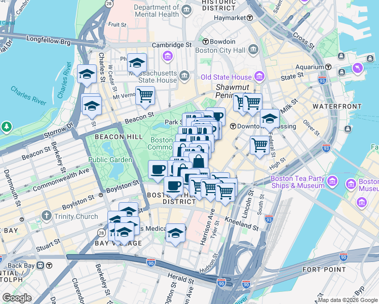 map of restaurants, bars, coffee shops, grocery stores, and more near 165-166 Tremont Street in Boston
