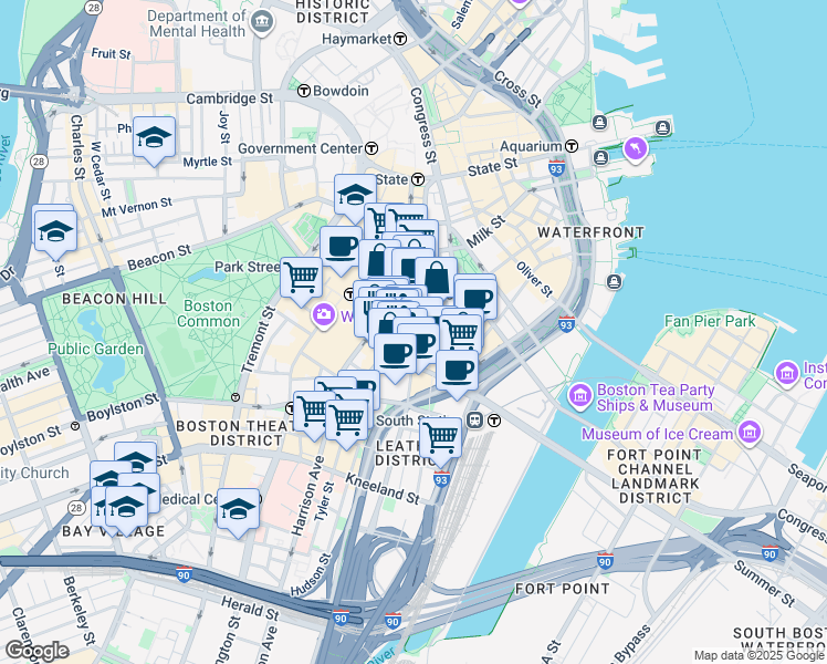 map of restaurants, bars, coffee shops, grocery stores, and more near in Boston