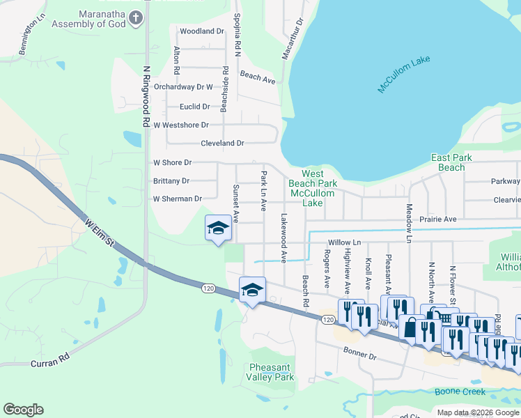 map of restaurants, bars, coffee shops, grocery stores, and more near 1820 Park Lane Avenue in McHenry