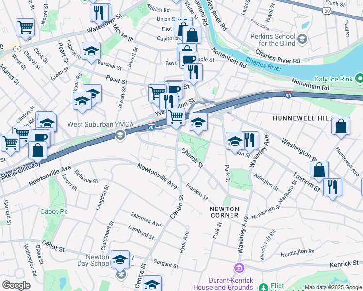 map of restaurants, bars, coffee shops, grocery stores, and more near 474 Centre Street in Newton