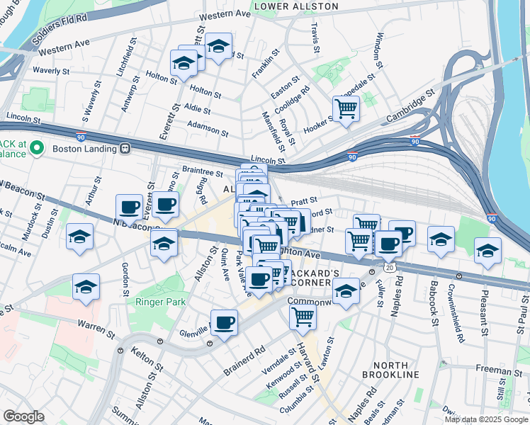 map of restaurants, bars, coffee shops, grocery stores, and more near 9 Farrington Avenue in Boston