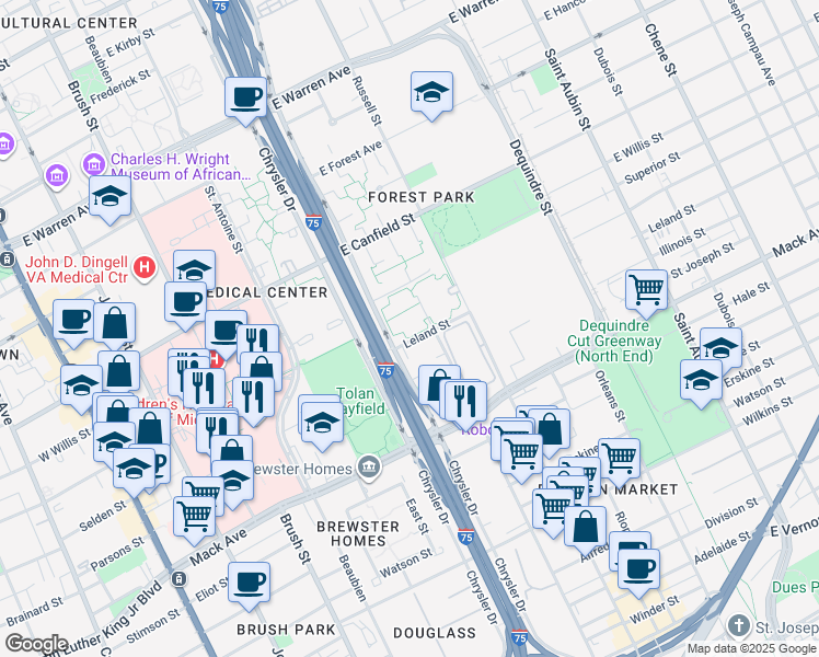 map of restaurants, bars, coffee shops, grocery stores, and more near 1001 Leland Street in Detroit