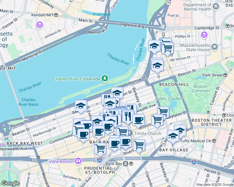 map of restaurants, bars, coffee shops, grocery stores, and more near in Boston