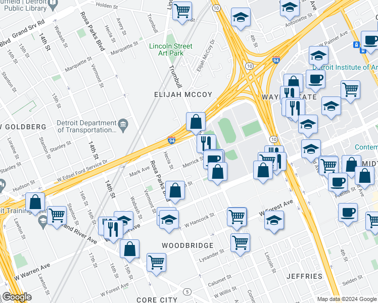 map of restaurants, bars, coffee shops, grocery stores, and more near 5243 Commonwealth Street in Detroit