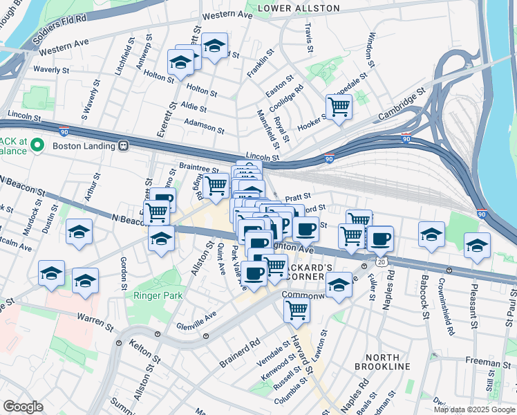 map of restaurants, bars, coffee shops, grocery stores, and more near 8 Farrington Avenue in Boston