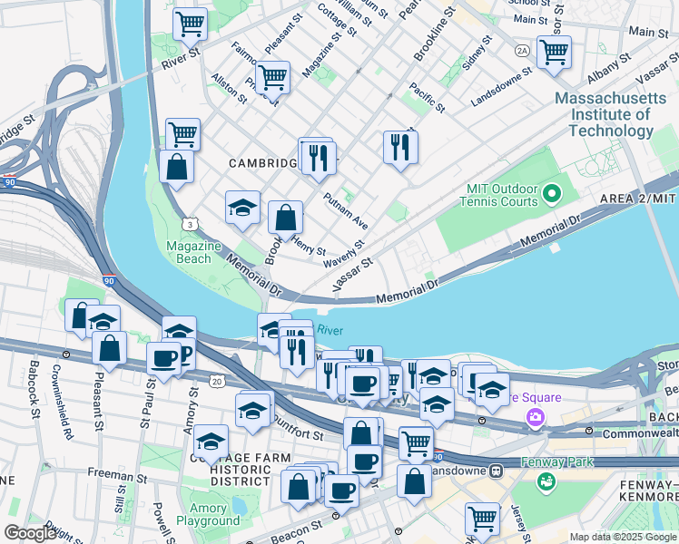 map of restaurants, bars, coffee shops, grocery stores, and more near 351 Vassar Street in Cambridge