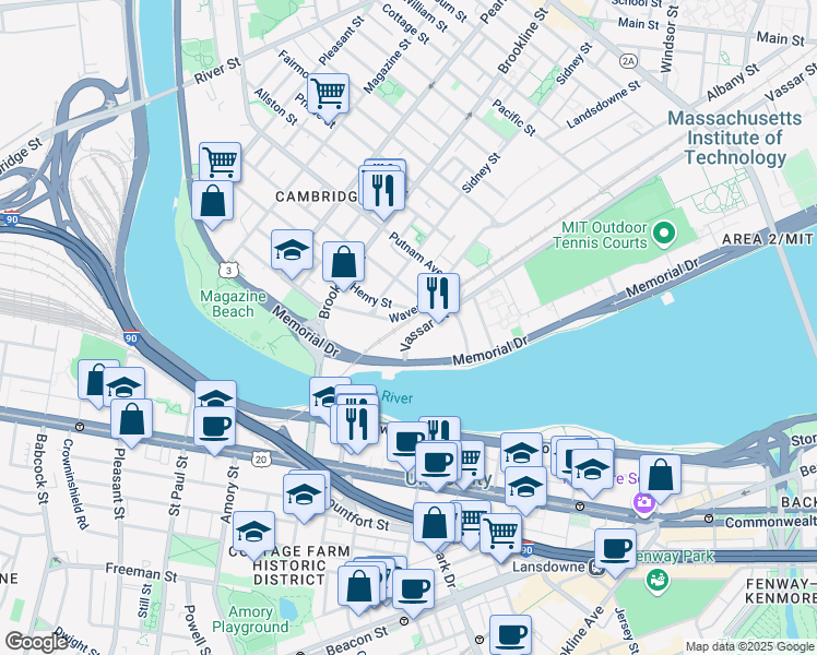 map of restaurants, bars, coffee shops, grocery stores, and more near 351 Vassar Street in Cambridge