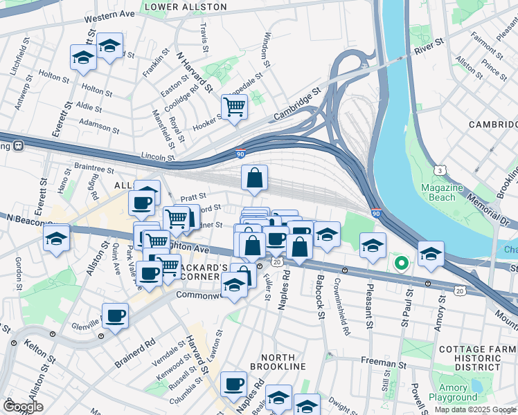 map of restaurants, bars, coffee shops, grocery stores, and more near 69 Ashford Street in Boston