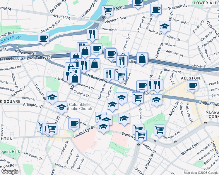 map of restaurants, bars, coffee shops, grocery stores, and more near 104 Dustin Street in Boston