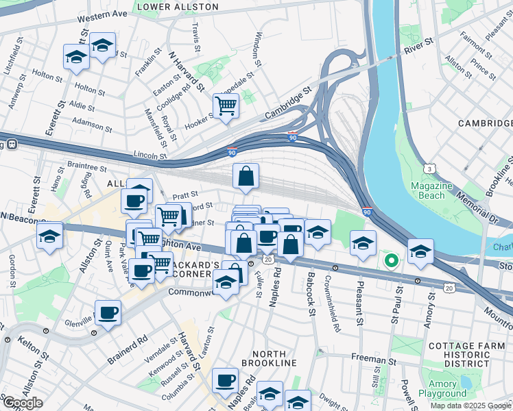 map of restaurants, bars, coffee shops, grocery stores, and more near 69 Ashford Street in Boston