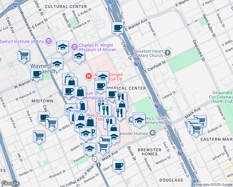 map of restaurants, bars, coffee shops, grocery stores, and more near 3022 Brush Street in Detroit