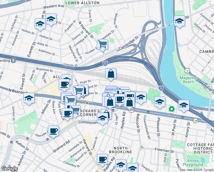 map of restaurants, bars, coffee shops, grocery stores, and more near 69 Ashford Street in Boston