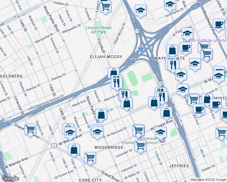 map of restaurants, bars, coffee shops, grocery stores, and more near 5234 Commonwealth Street in Detroit
