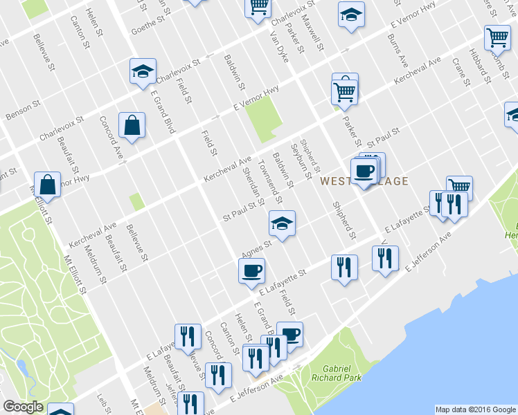 map of restaurants, bars, coffee shops, grocery stores, and more near 7338 St Paul St in Detroit