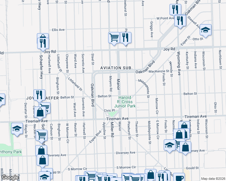 map of restaurants, bars, coffee shops, grocery stores, and more near 8200 Meyers Road in Detroit