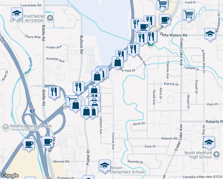 map of restaurants, bars, coffee shops, grocery stores, and more near 2505 Corona Avenue in Medford