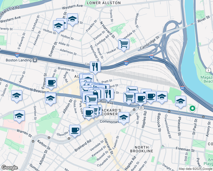 map of restaurants, bars, coffee shops, grocery stores, and more near 44 Linden Street in Boston