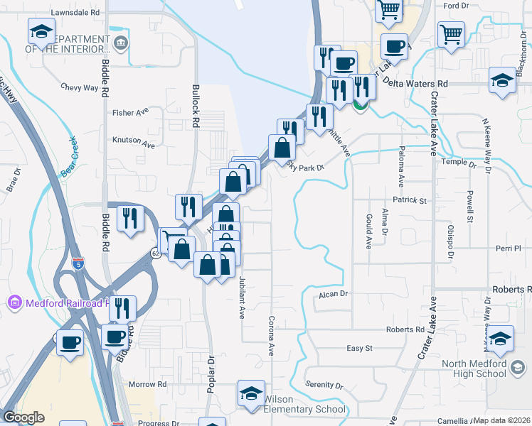 map of restaurants, bars, coffee shops, grocery stores, and more near 2529 Corona Avenue in Medford