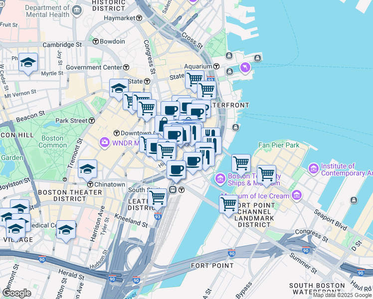 map of restaurants, bars, coffee shops, grocery stores, and more near 137-139 Pearl Street in Boston