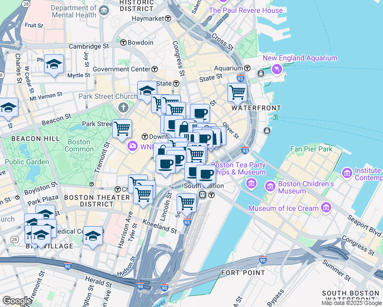 map of restaurants, bars, coffee shops, grocery stores, and more near 155 Federal Street in Boston
