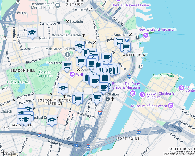 map of restaurants, bars, coffee shops, grocery stores, and more near 155 Federal Street in Boston