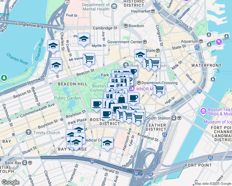 map of restaurants, bars, coffee shops, grocery stores, and more near 165-166 Tremont Street in Boston