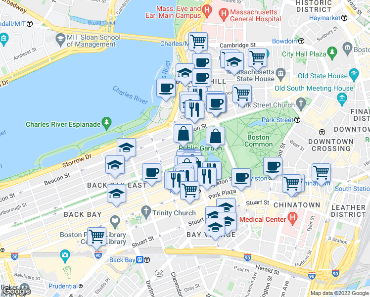 map of restaurants, bars, coffee shops, grocery stores, and more near 92 Arlington Street in Boston
