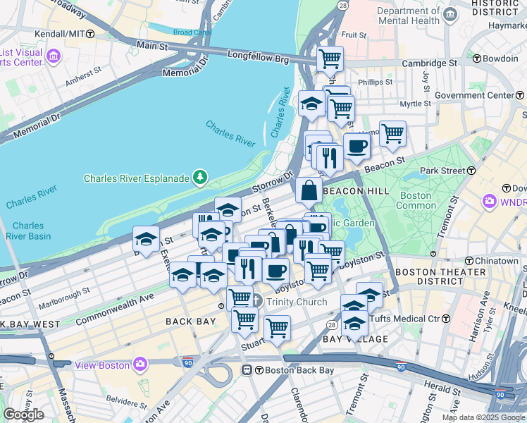 map of restaurants, bars, coffee shops, grocery stores, and more near 62 Marlborough Street in Boston