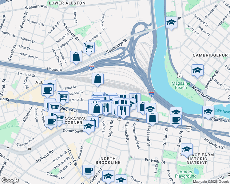 map of restaurants, bars, coffee shops, grocery stores, and more near 120 Ashford Street in Boston
