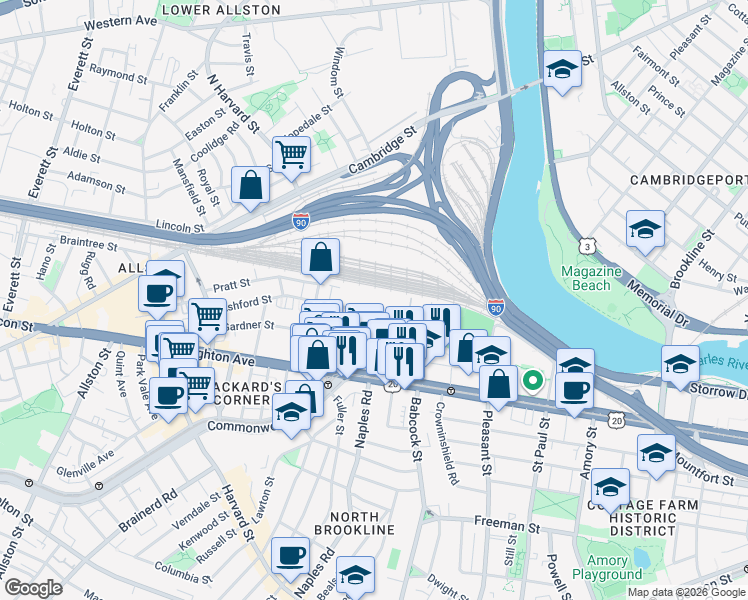 map of restaurants, bars, coffee shops, grocery stores, and more near 120 Ashford Street in Boston