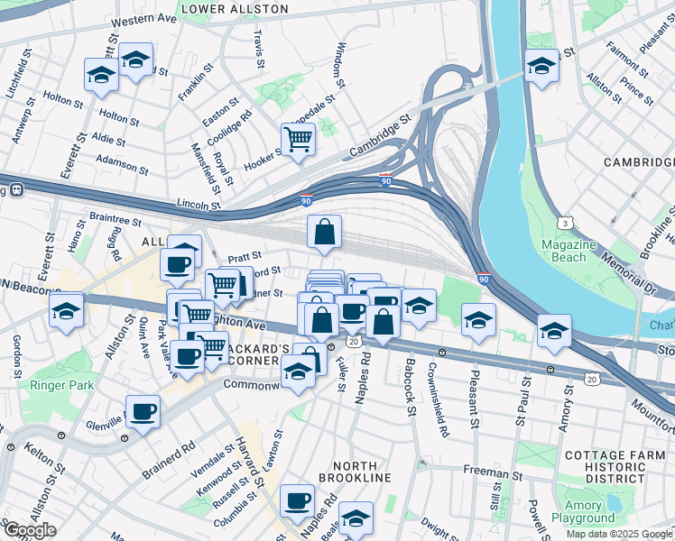 map of restaurants, bars, coffee shops, grocery stores, and more near 69 Ashford Street in Boston