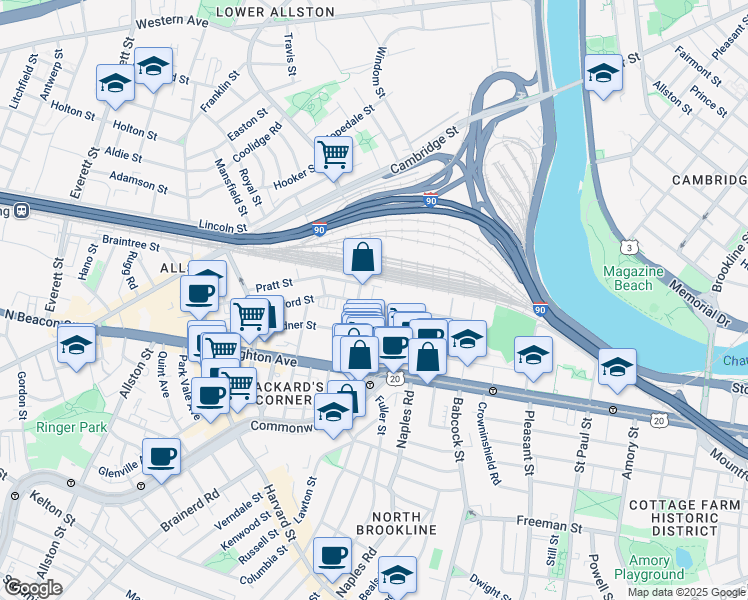 map of restaurants, bars, coffee shops, grocery stores, and more near 69 Ashford Street in Boston