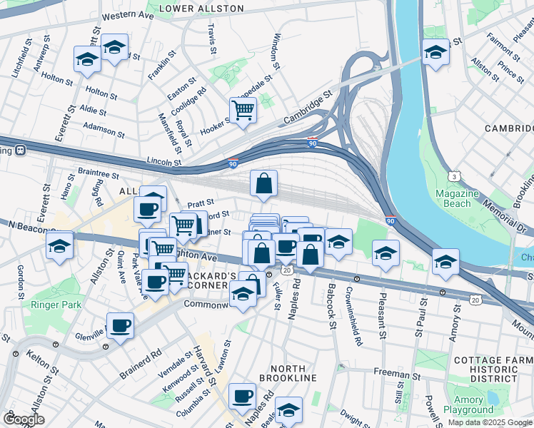 map of restaurants, bars, coffee shops, grocery stores, and more near 69 Ashford Street in Boston