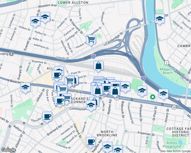 map of restaurants, bars, coffee shops, grocery stores, and more near 69 Ashford Street in Boston