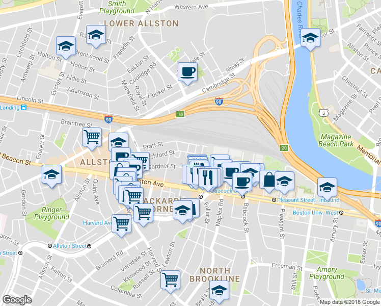 map of restaurants, bars, coffee shops, grocery stores, and more near 69 Ashford Street in Boston