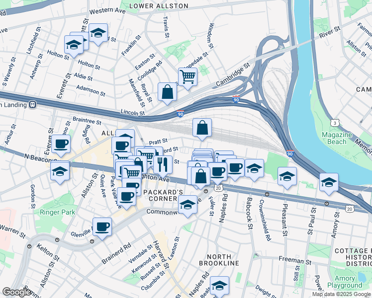 map of restaurants, bars, coffee shops, grocery stores, and more near 72 Gardner Street in Boston