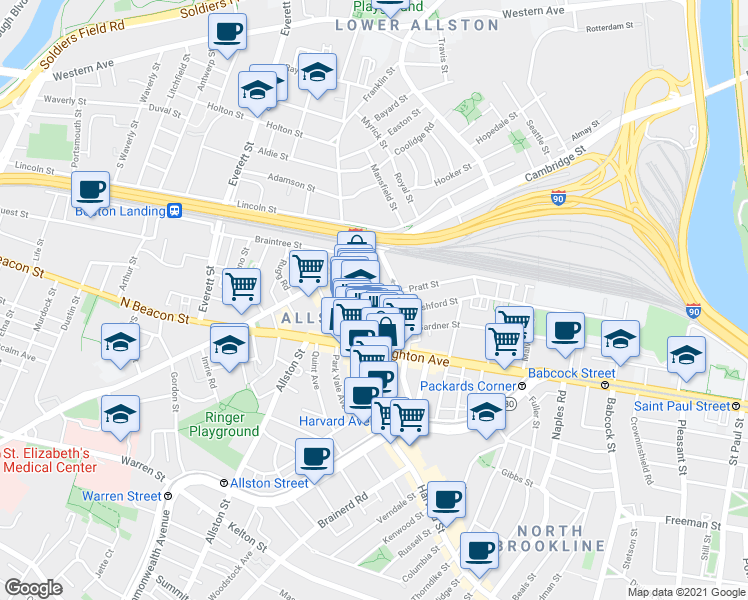 map of restaurants, bars, coffee shops, grocery stores, and more near 9 Farrington Avenue in Boston