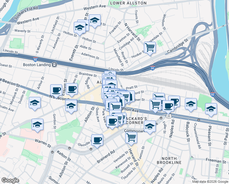 map of restaurants, bars, coffee shops, grocery stores, and more near 9 Farrington Avenue in Boston