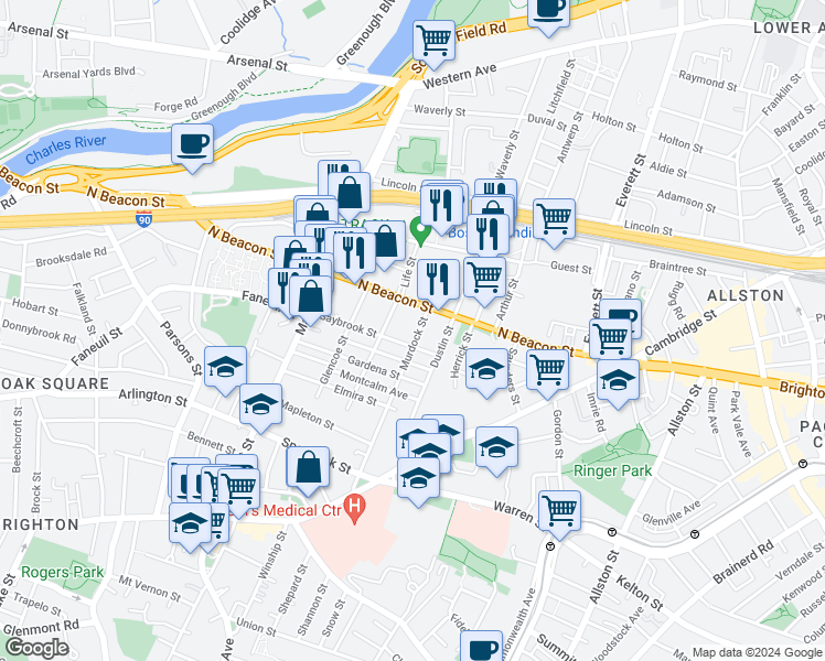 map of restaurants, bars, coffee shops, grocery stores, and more near 55 Saybrook Street in Boston