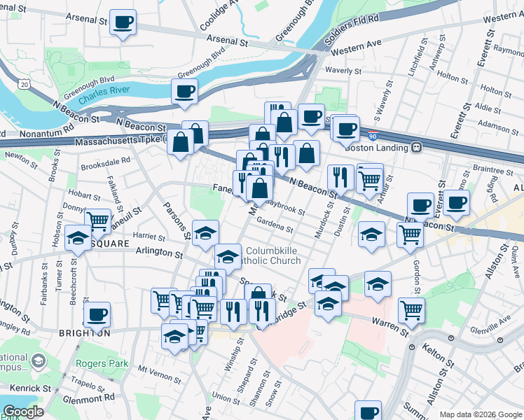 map of restaurants, bars, coffee shops, grocery stores, and more near 14-16 Gardena Street in Boston