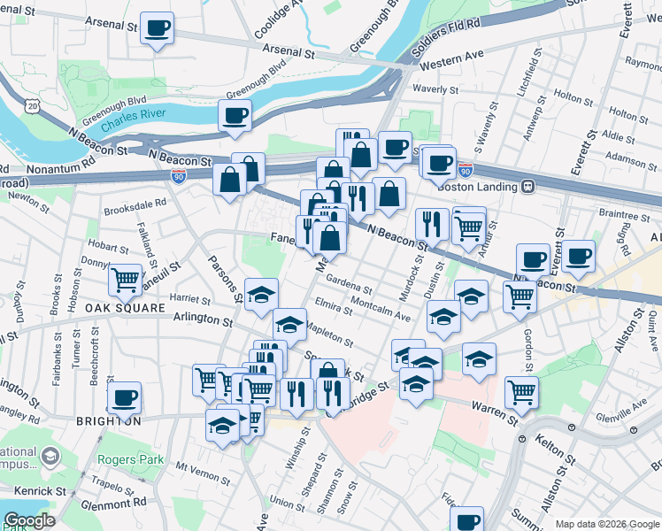 map of restaurants, bars, coffee shops, grocery stores, and more near 14-16 Gardena Street in Boston