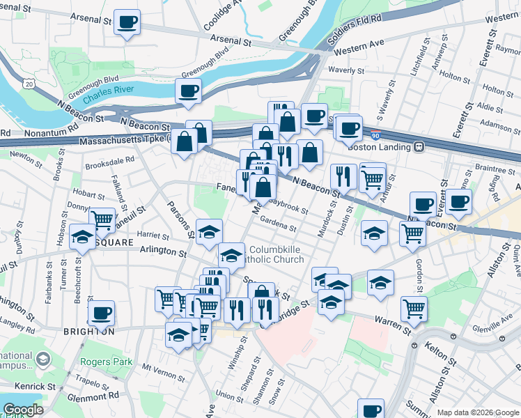 map of restaurants, bars, coffee shops, grocery stores, and more near 14-16 Gardena Street in Boston