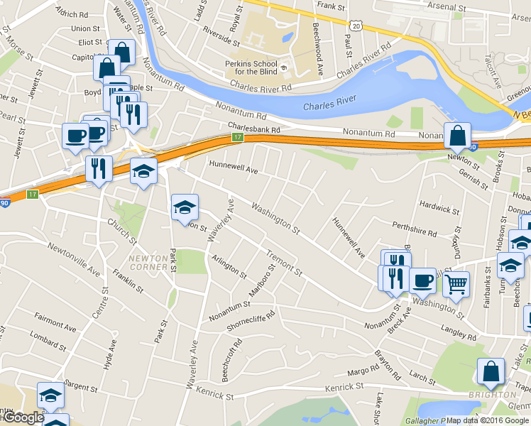 map of restaurants, bars, coffee shops, grocery stores, and more near 17-19 Whittemore Road in Newton