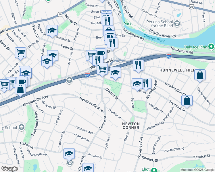 map of restaurants, bars, coffee shops, grocery stores, and more near 148 Church Street in Newton