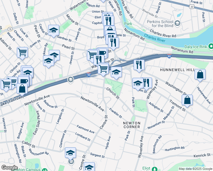 map of restaurants, bars, coffee shops, grocery stores, and more near 148 Church Street in Newton
