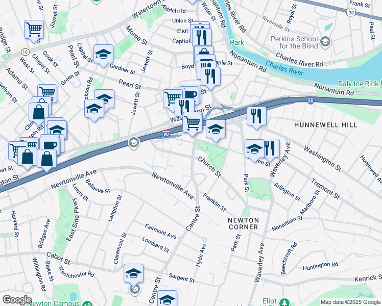 map of restaurants, bars, coffee shops, grocery stores, and more near 176 Church Street in Newton
