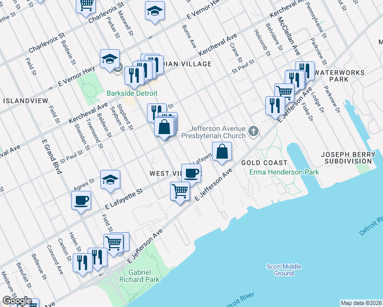 map of restaurants, bars, coffee shops, grocery stores, and more near 1006 Parker Street in Detroit